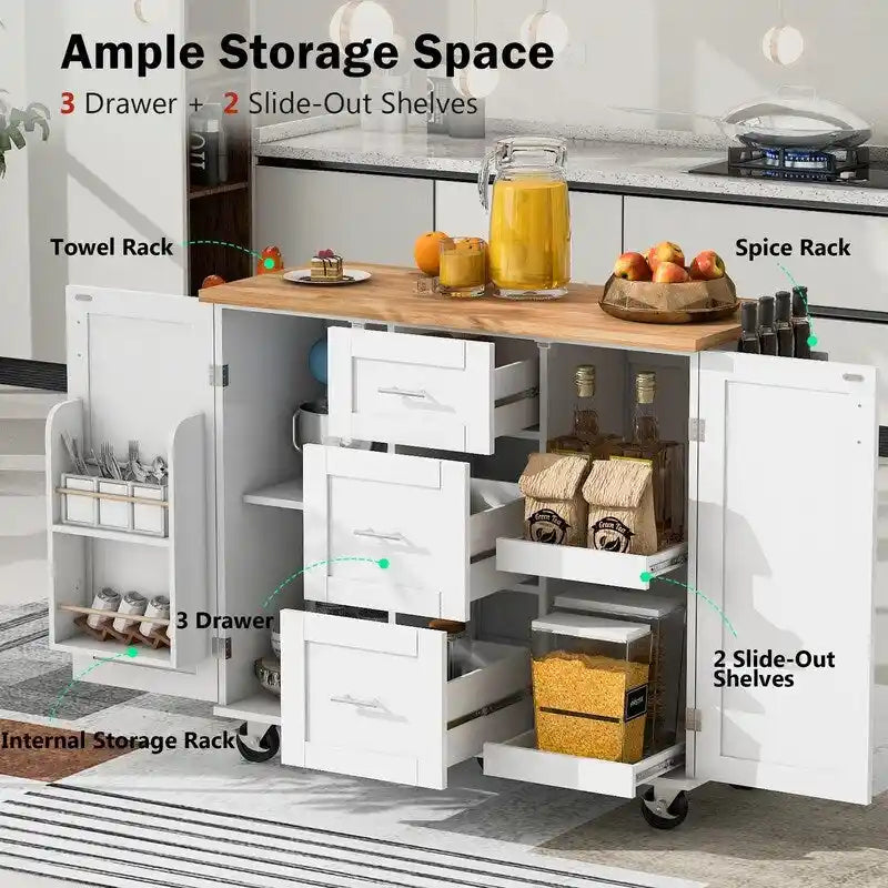 Rolling Kitchen Island Cart with Storage, 2 Slide-Out Shelves and Internal Storage Rack