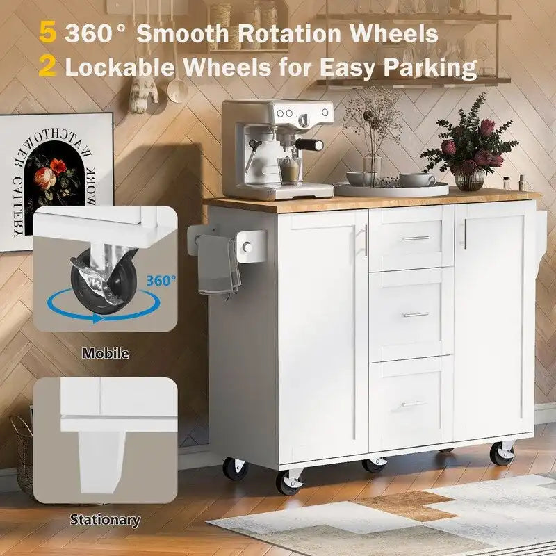 Rolling Kitchen Island Cart with Storage, 2 Slide-Out Shelves and Internal Storage Rack