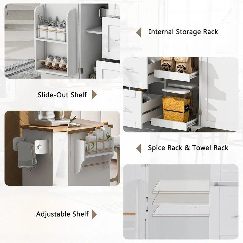 Rolling Kitchen Island Cart with Storage, 2 Slide-Out Shelves and Internal Storage Rack