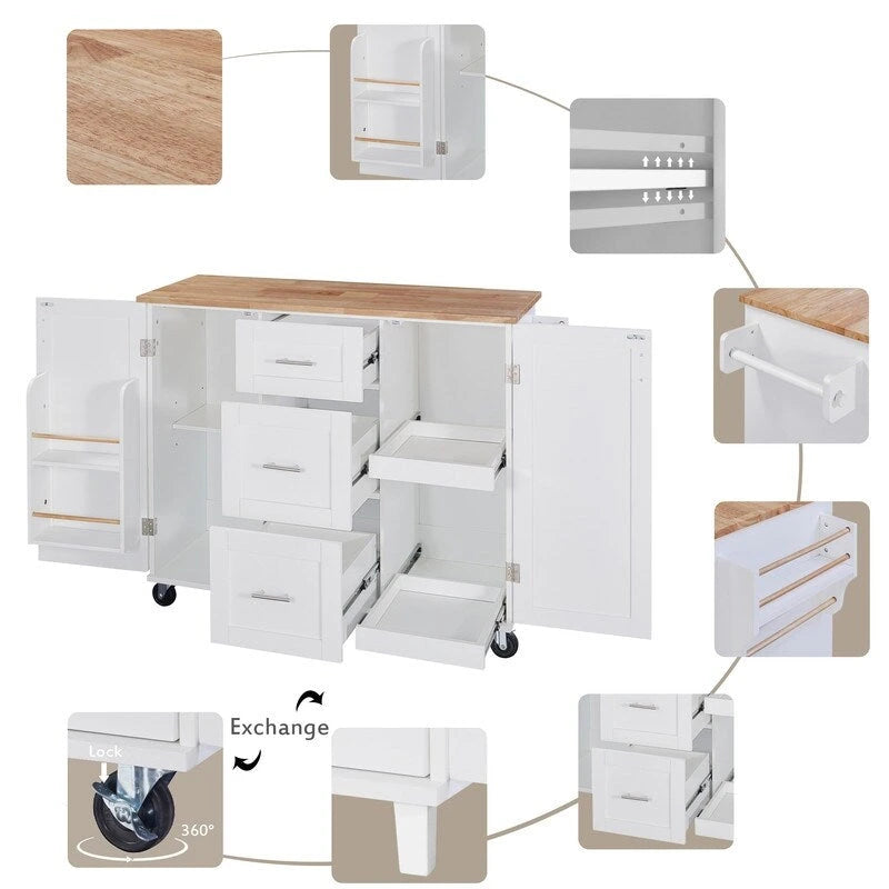 Rolling Kitchen Island Cart with Storage, 2 Slide-Out Shelves and Internal Storage Rack