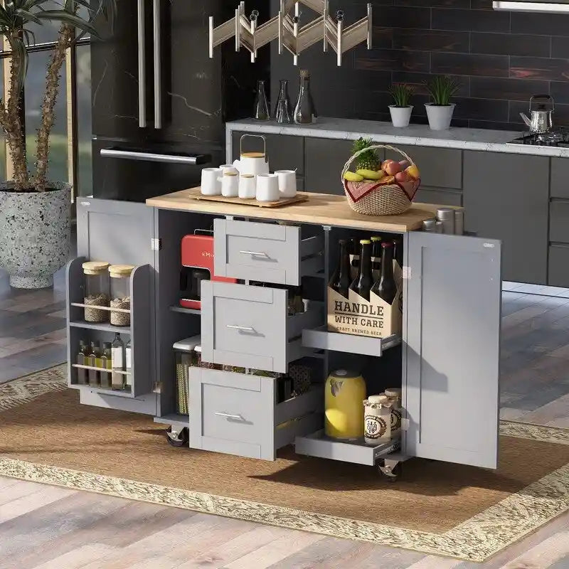 Rolling Kitchen Island Cart with Storage, 2 Slide-Out Shelves and Internal Storage Rack