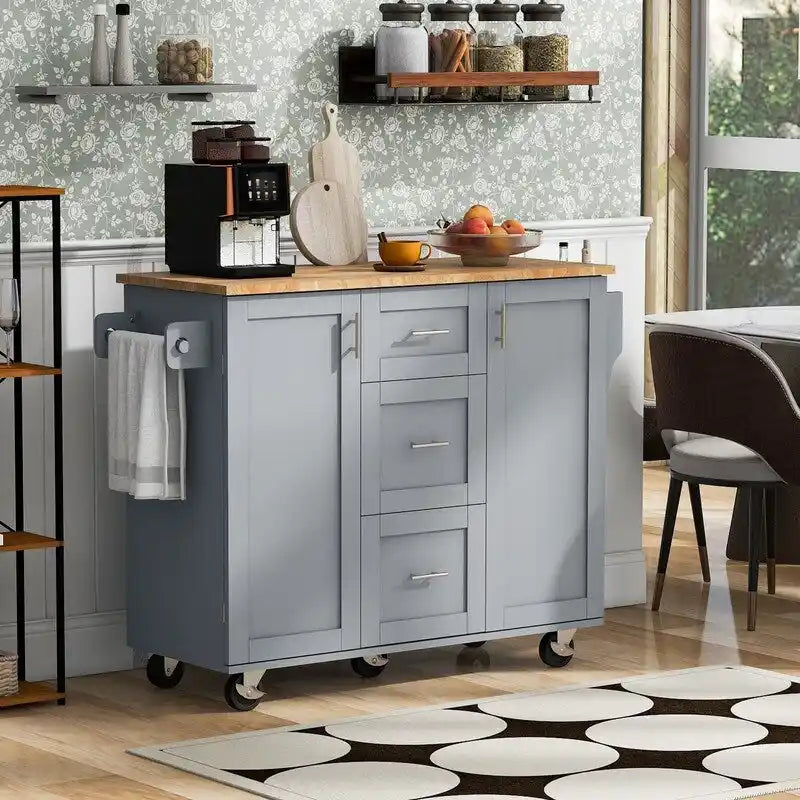 Rolling Kitchen Island Cart with Storage, 2 Slide-Out Shelves and Internal Storage Rack