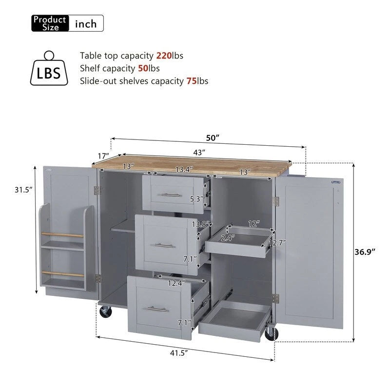 Rolling Kitchen Island Cart with Storage, 2 Slide-Out Shelves and Internal Storage Rack