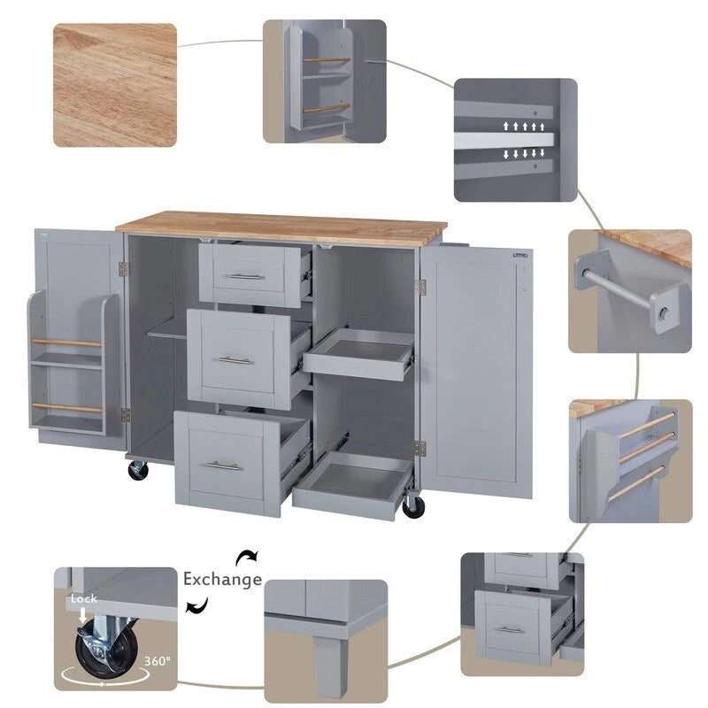 Rolling Kitchen Island Cart with Storage, 2 Slide-Out Shelves and Internal Storage Rack