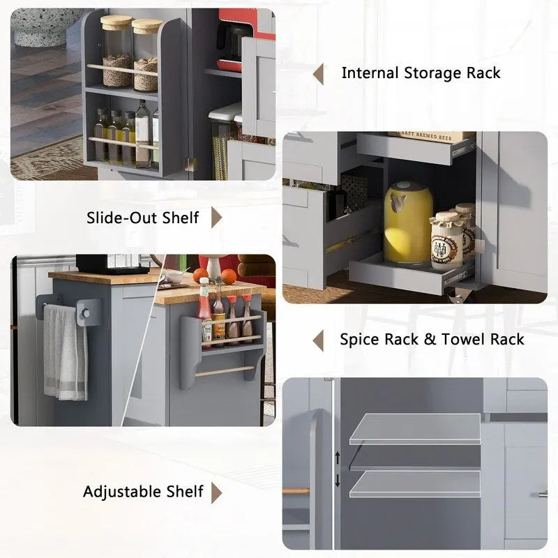 Rolling Kitchen Island Cart with Storage, 2 Slide-Out Shelves and Internal Storage Rack