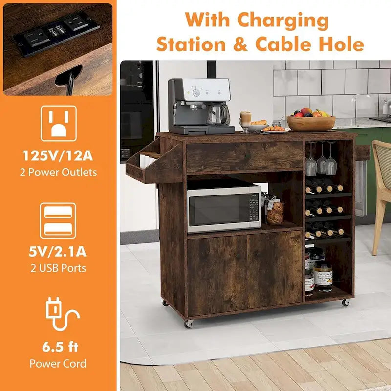Kitchen Island Cart with Drop-Leaf & Power Outlet