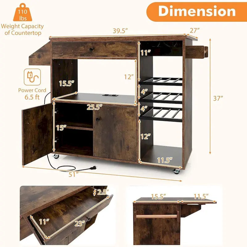 Kitchen Island Cart with Drop-Leaf & Power Outlet