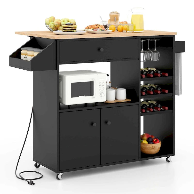 Kitchen Island Cart with Drop-Leaf & Power Outlet