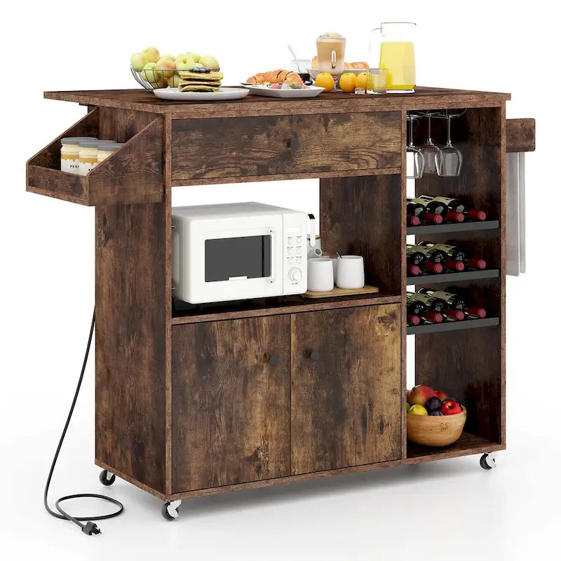 Kitchen Island Cart with Drop-Leaf & Power Outlet