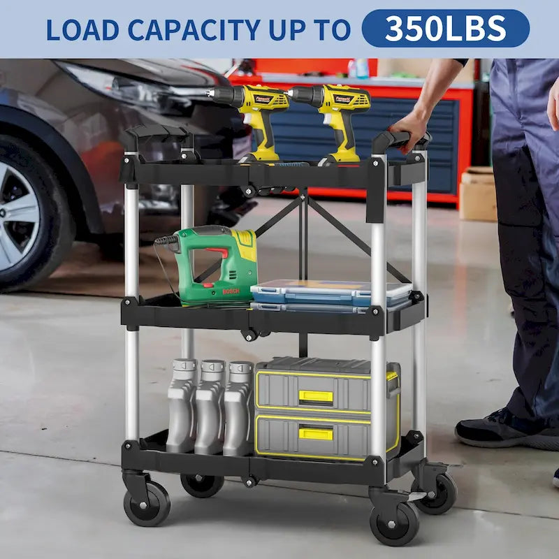 3-Tier Portable Folding Service Cart with Swivel Wheels