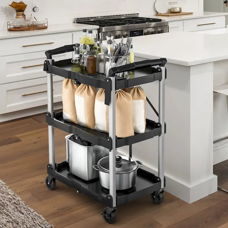 3-Tier Portable Folding Service Cart with Swivel Wheels