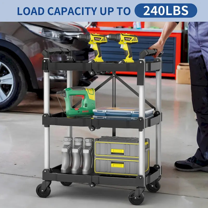 3-Tier Portable Folding Service Cart with Swivel Wheels