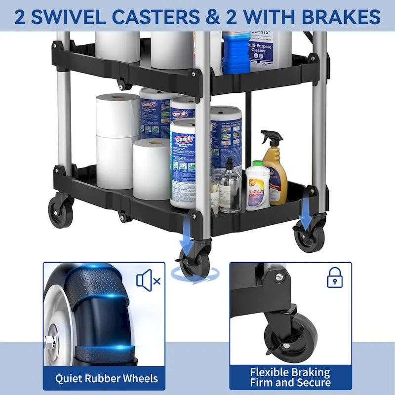 3-Tier Portable Folding Service Cart with Swivel Wheels