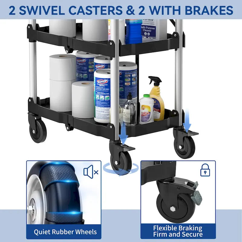 3-Tier Portable Folding Service Cart with Swivel Wheels