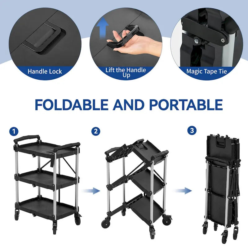 3-Tier Portable Folding Service Cart with Swivel Wheels