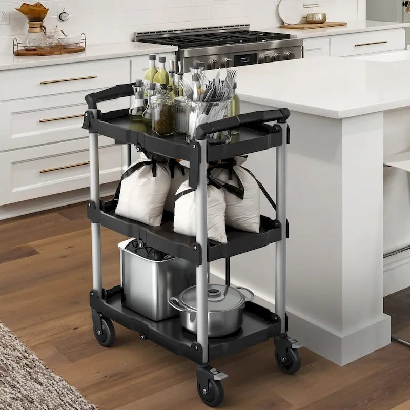 3-Tier Portable Folding Service Cart with Swivel Wheels