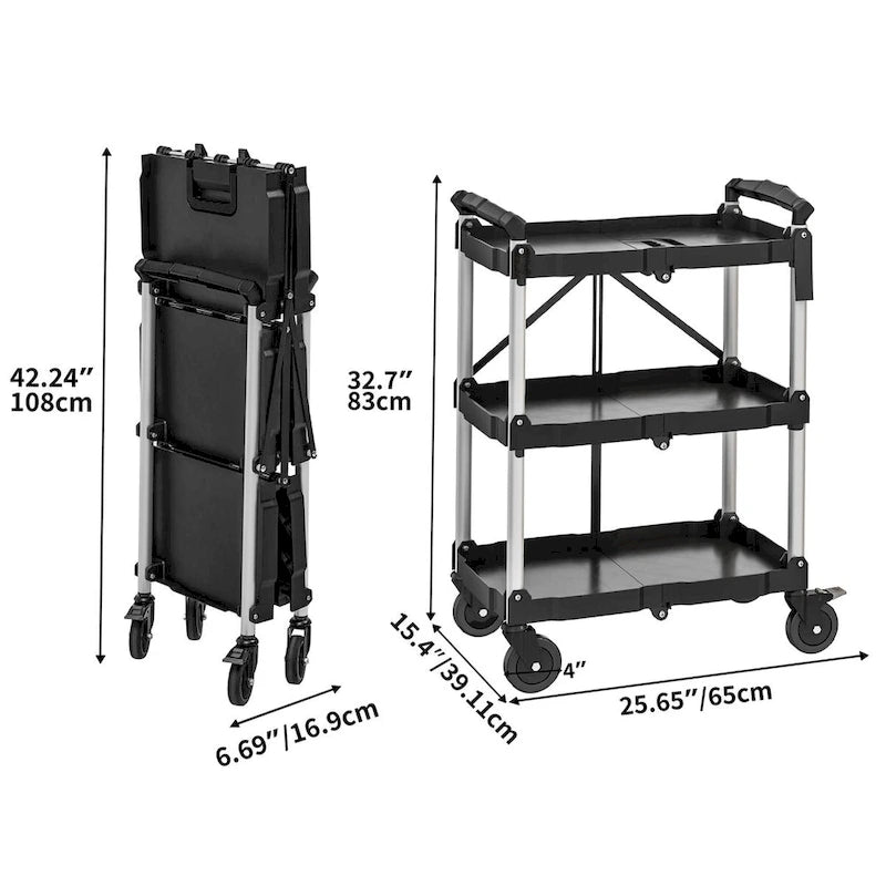 3-Tier Portable Folding Service Cart with Swivel Wheels