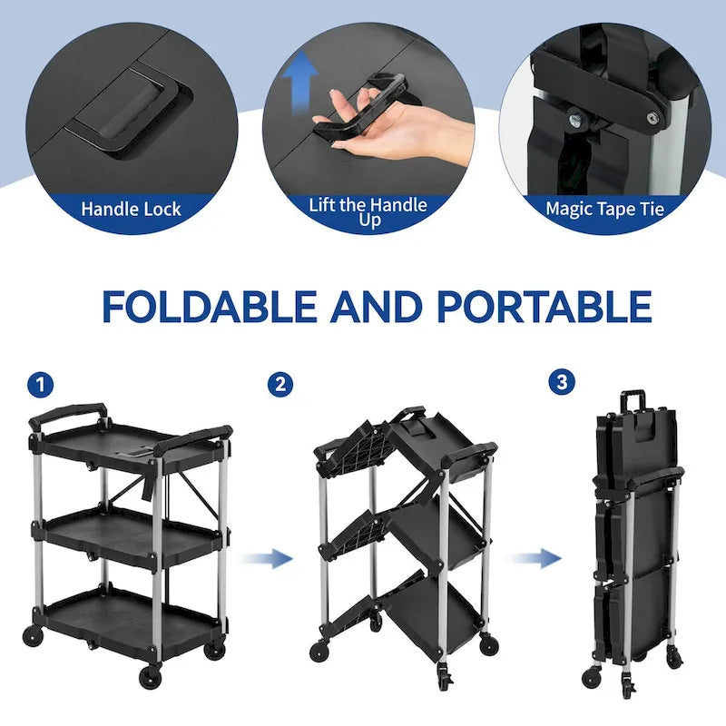 3-Tier Portable Folding Service Cart with Swivel Wheels