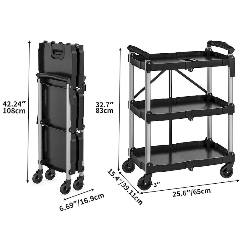 3-Tier Portable Folding Service Cart with Swivel Wheels