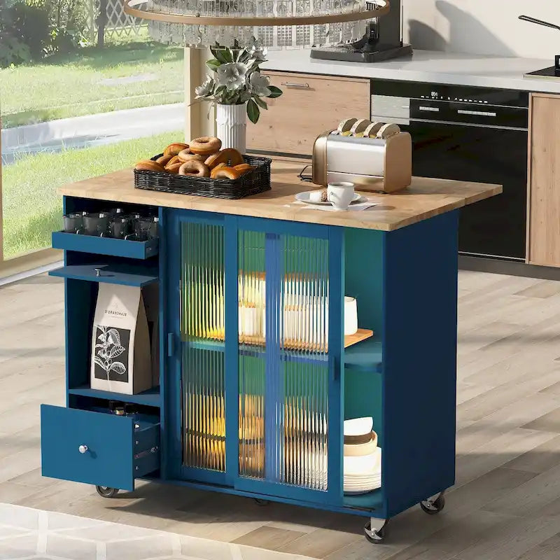 Kitchen Cart on Wheels with 2 Fluted Glass Doors and LED Light
