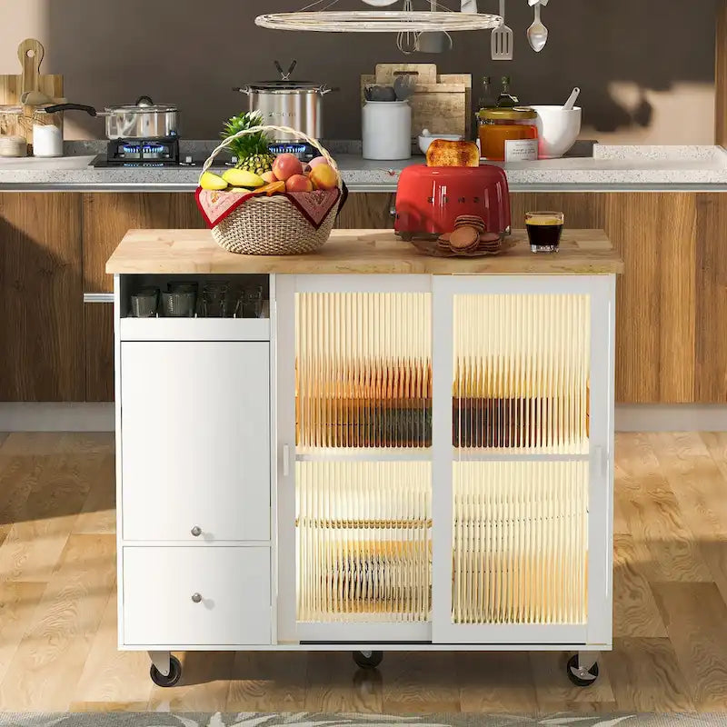Kitchen Cart on Wheels with 2 Fluted Glass Doors and LED Light
