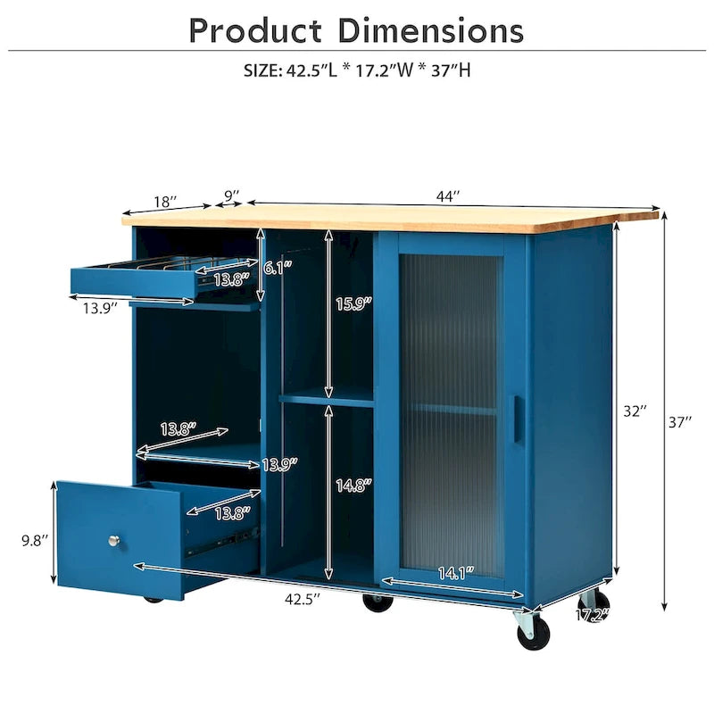Kitchen Cart on Wheels with 2 Fluted Glass Doors and LED Light