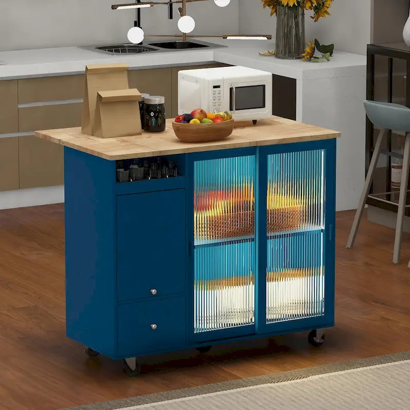 Kitchen Cart on Wheels with 2 Fluted Glass Doors and LED Light