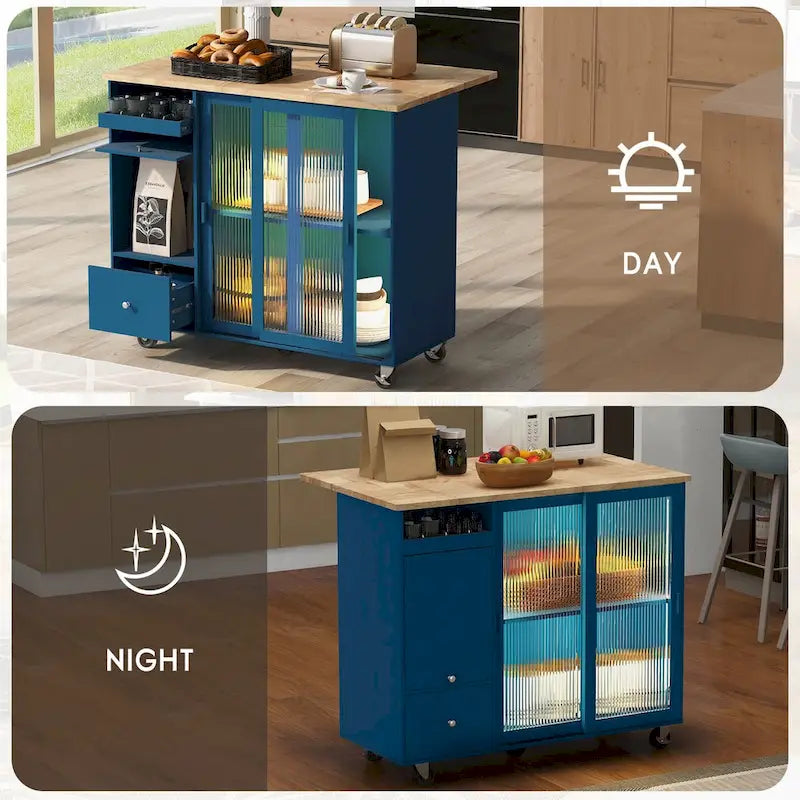 Kitchen Cart on Wheels with 2 Fluted Glass Doors and LED Light
