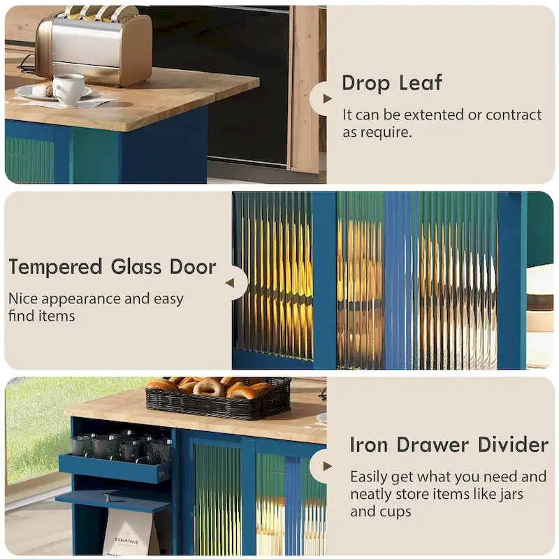 Kitchen Cart on Wheels with 2 Fluted Glass Doors and LED Light