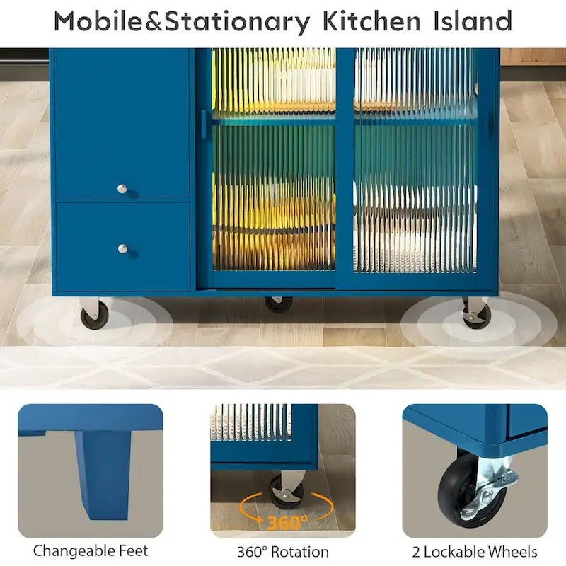 Kitchen Cart on Wheels with 2 Fluted Glass Doors and LED Light