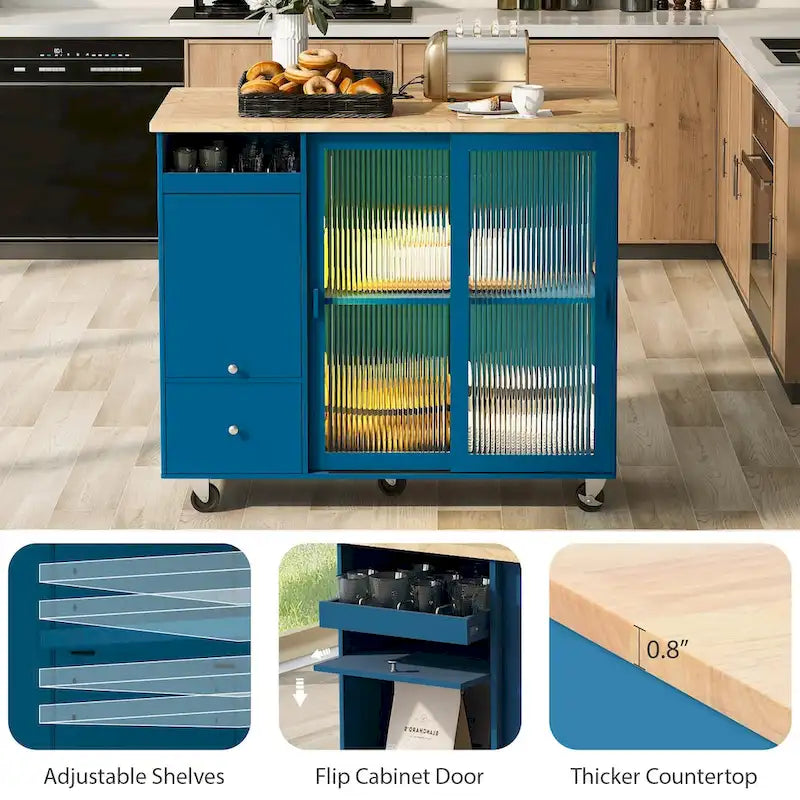 Kitchen Cart on Wheels with 2 Fluted Glass Doors and LED Light
