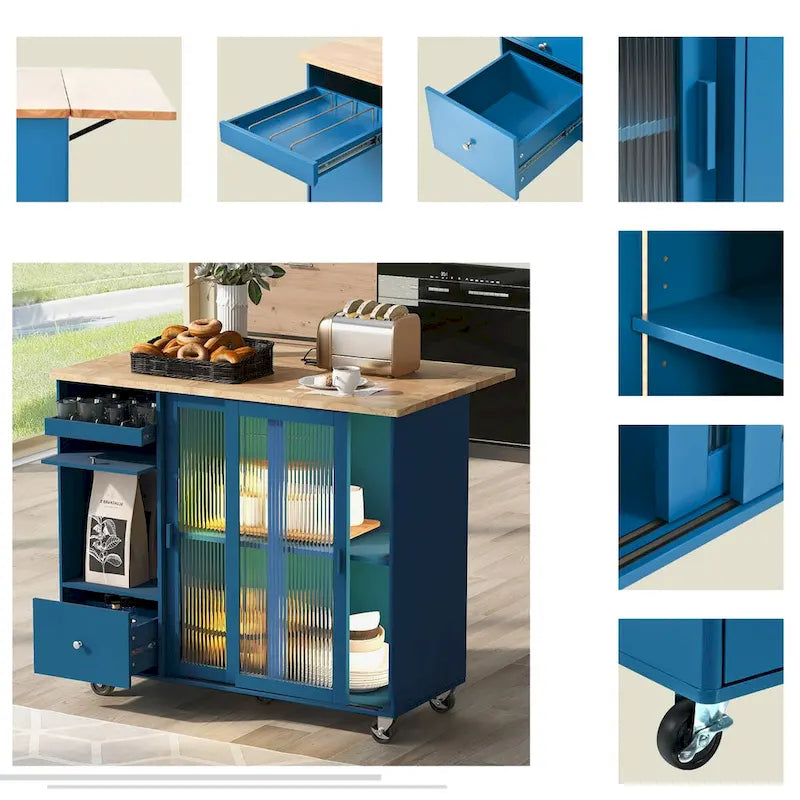 Kitchen Cart on Wheels with 2 Fluted Glass Doors and LED Light