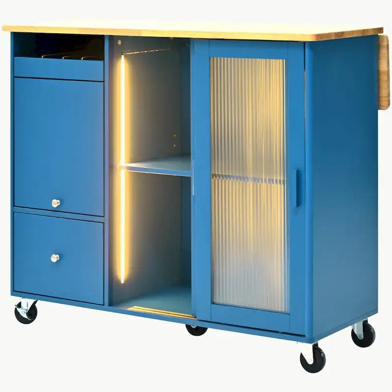 Kitchen Cart on Wheels with 2 Fluted Glass Doors and LED Light