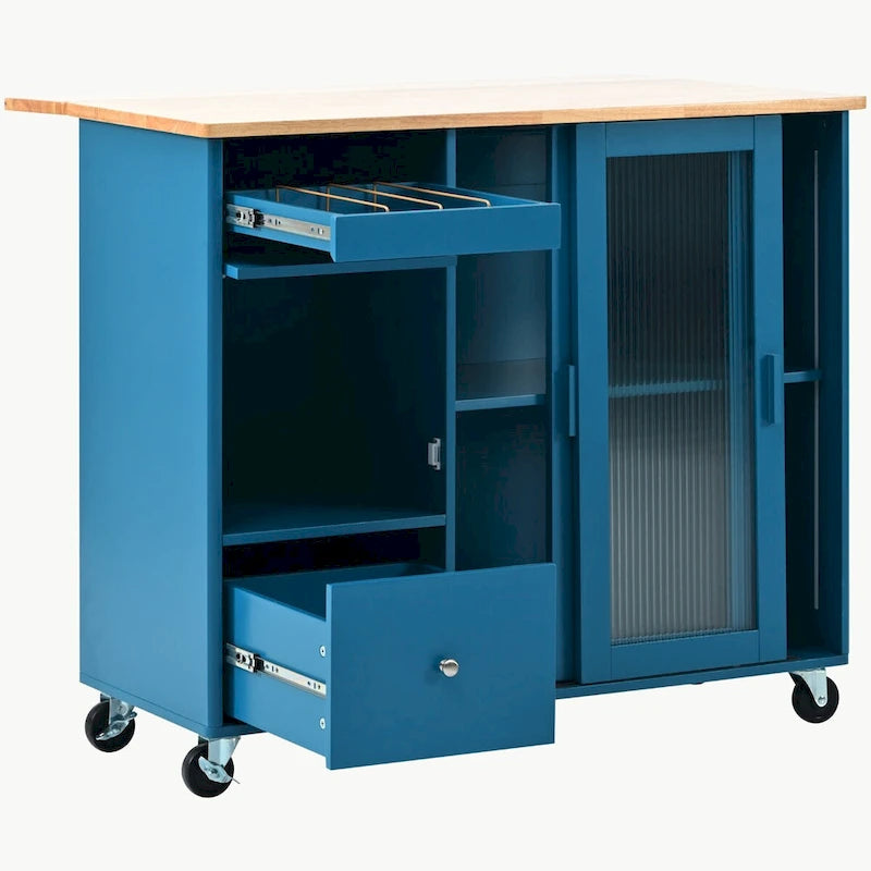 Kitchen Cart on Wheels with 2 Fluted Glass Doors and LED Light