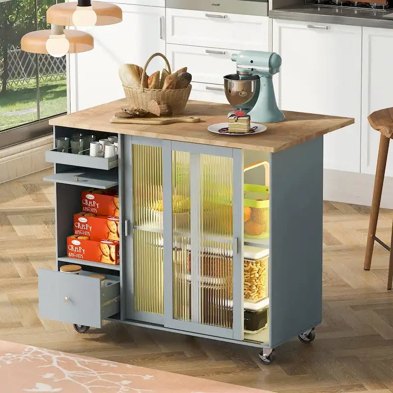 Kitchen Cart on Wheels with 2 Fluted Glass Doors and LED Light