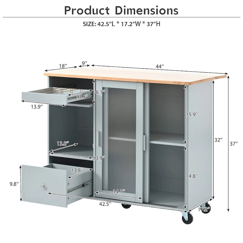 Kitchen Cart on Wheels with 2 Fluted Glass Doors and LED Light
