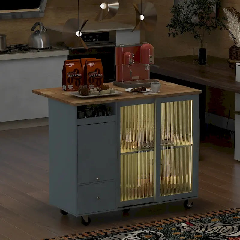 Kitchen Cart on Wheels with 2 Fluted Glass Doors and LED Light