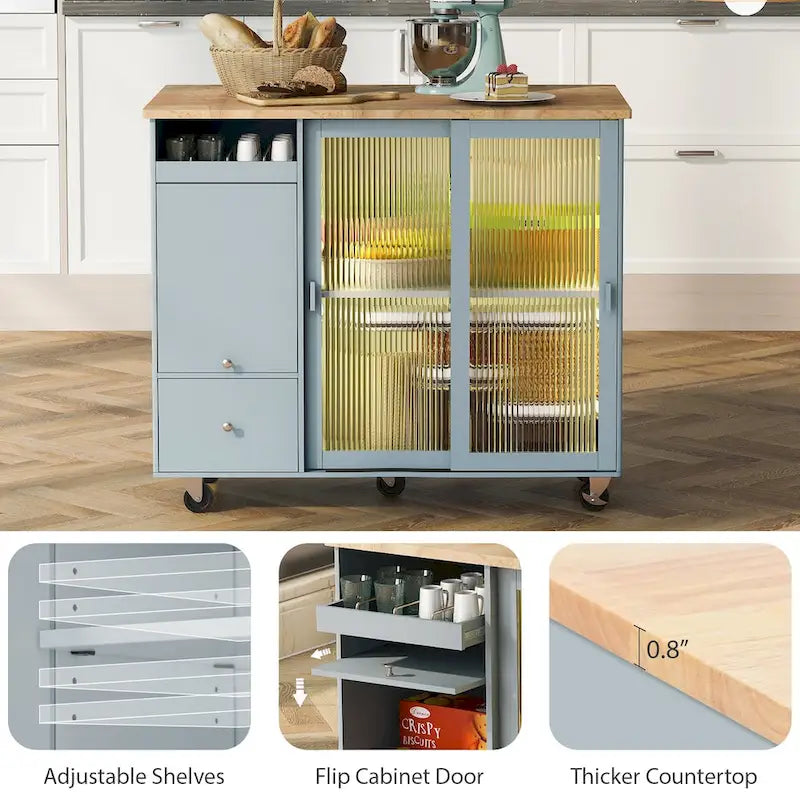 Kitchen Cart on Wheels with 2 Fluted Glass Doors and LED Light