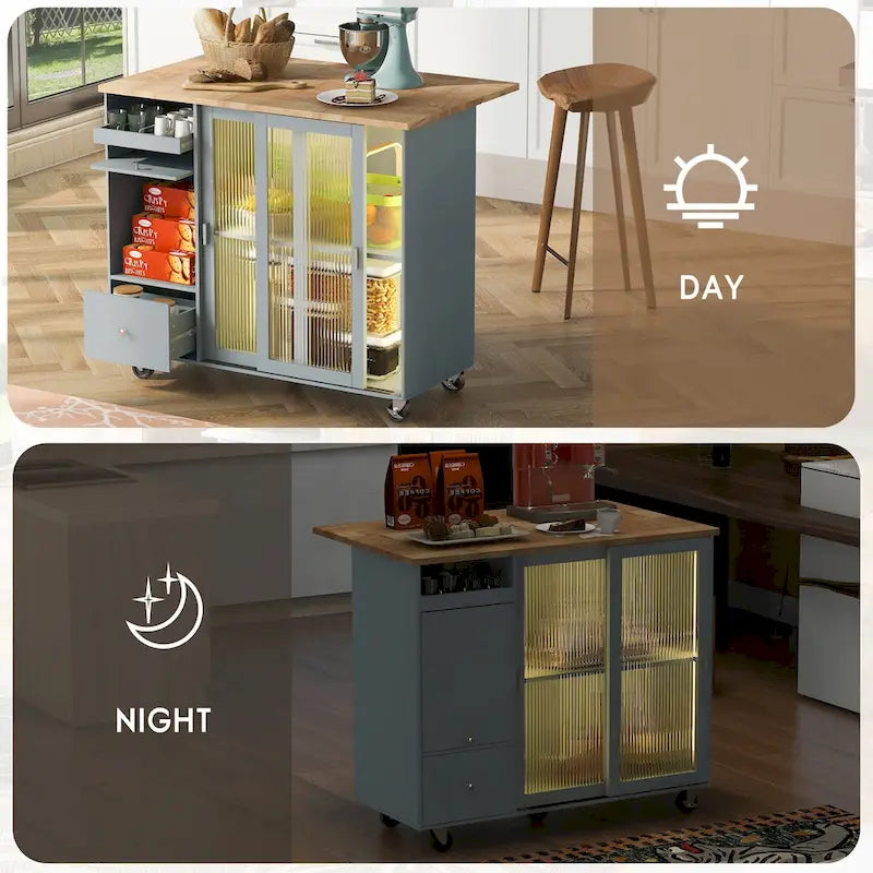 Kitchen Cart on Wheels with 2 Fluted Glass Doors and LED Light