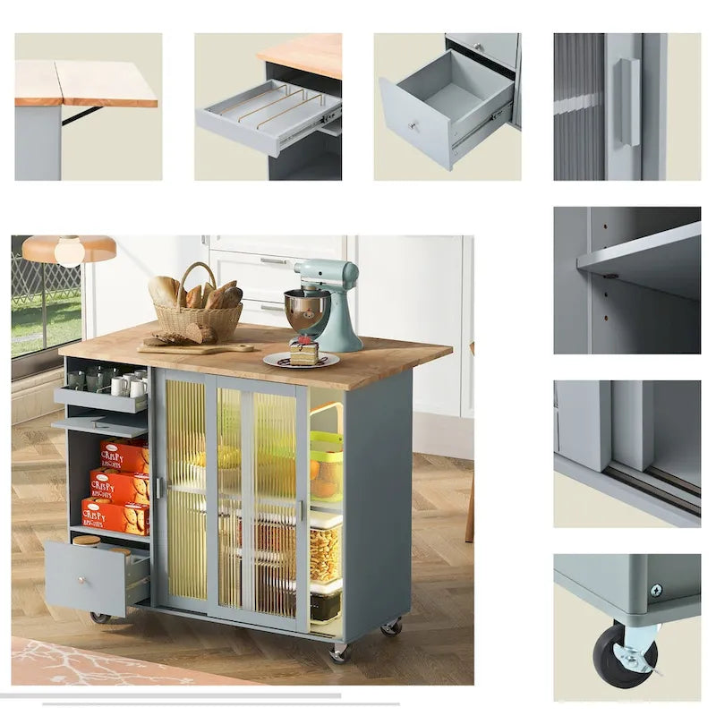 Kitchen Cart on Wheels with 2 Fluted Glass Doors and LED Light