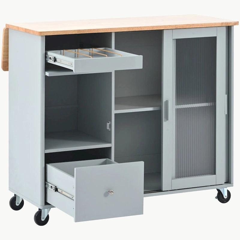 Kitchen Cart on Wheels with 2 Fluted Glass Doors and LED Light