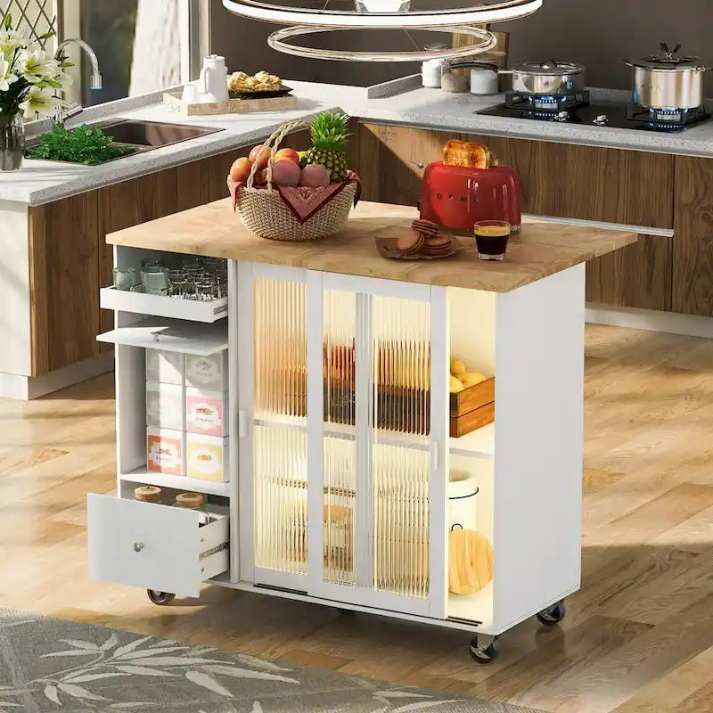 Kitchen Cart on Wheels with 2 Fluted Glass Doors and LED Light