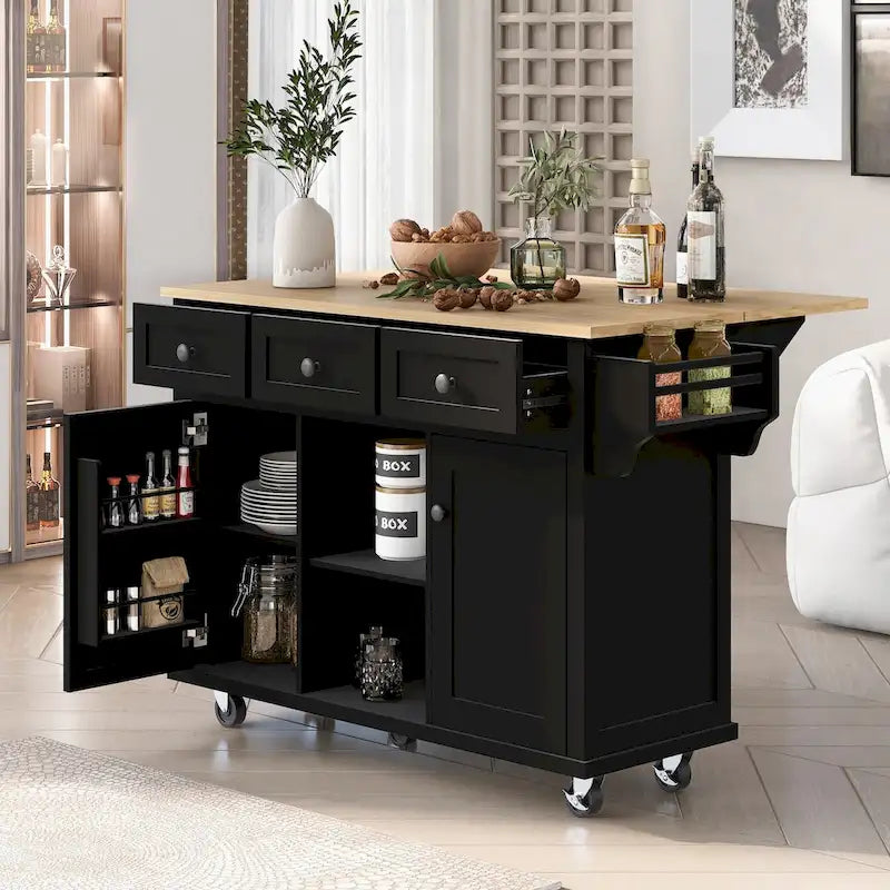 Kitchen Cart with Drop-Leaf Countertop, 5 Wheels, Storage Cabinet and 3 Drawers