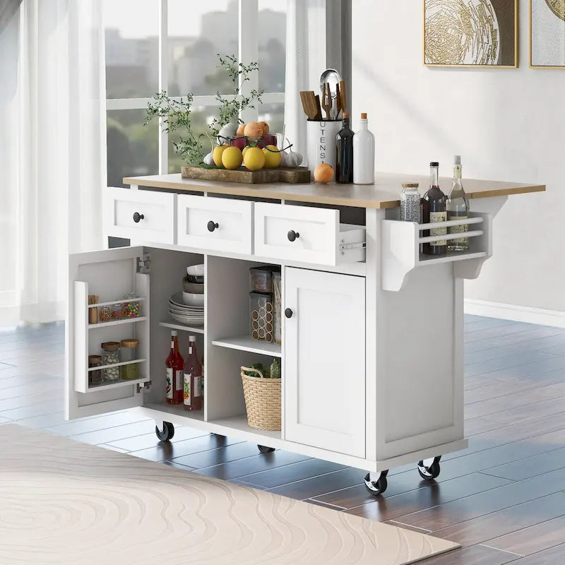 Kitchen Cart with Drop-Leaf Countertop, 5 Wheels, Storage Cabinet and 3 Drawers
