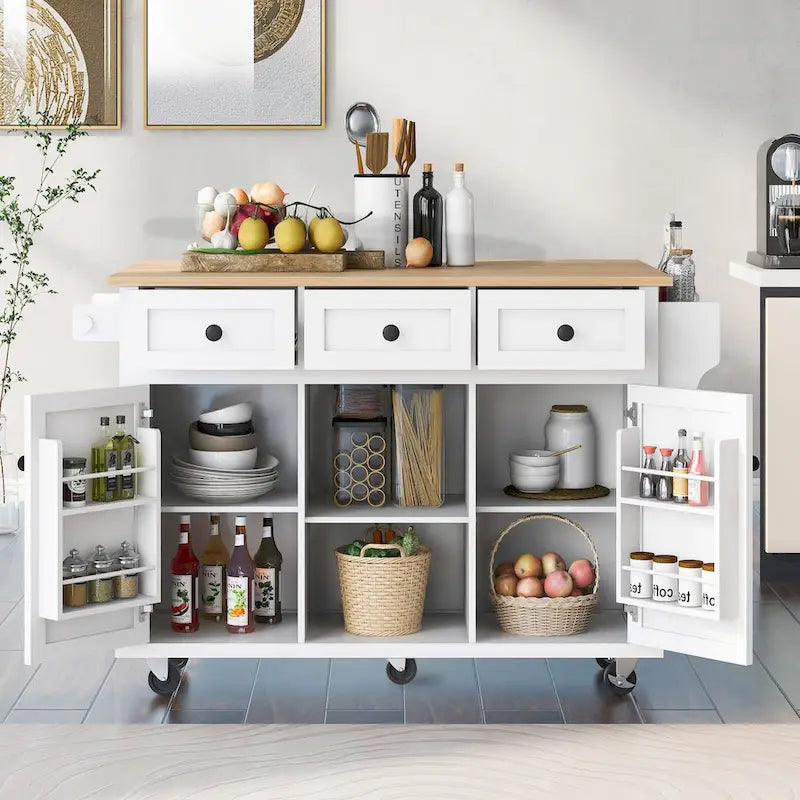 Kitchen Cart with Drop-Leaf Countertop, 5 Wheels, Storage Cabinet and 3 Drawers