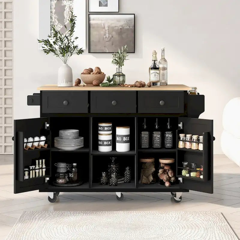 Kitchen Cart with Drop-Leaf Countertop, 5 Wheels, Storage Cabinet and 3 Drawers