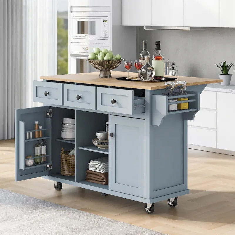 Kitchen Cart with Drop-Leaf Countertop, 5 Wheels, Storage Cabinet and 3 Drawers