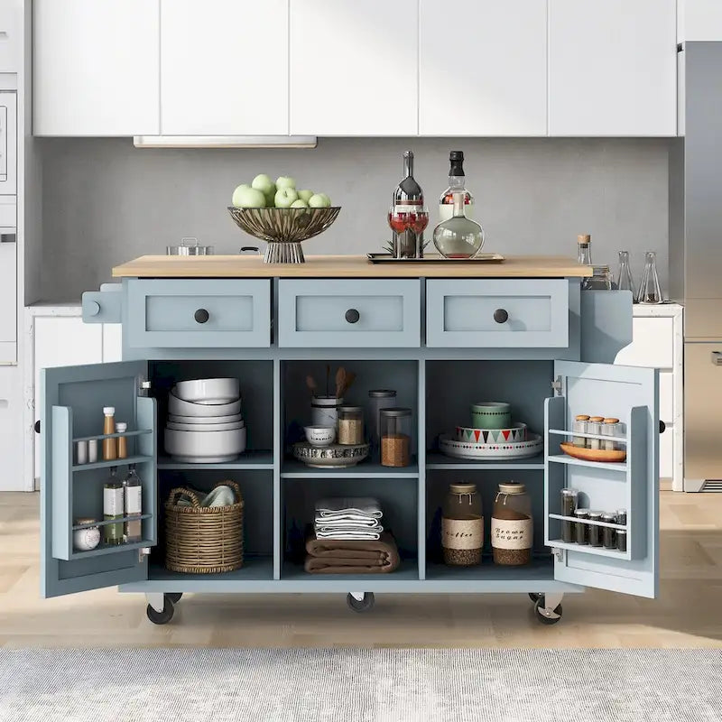 Kitchen Cart with Drop-Leaf Countertop, 5 Wheels, Storage Cabinet and 3 Drawers