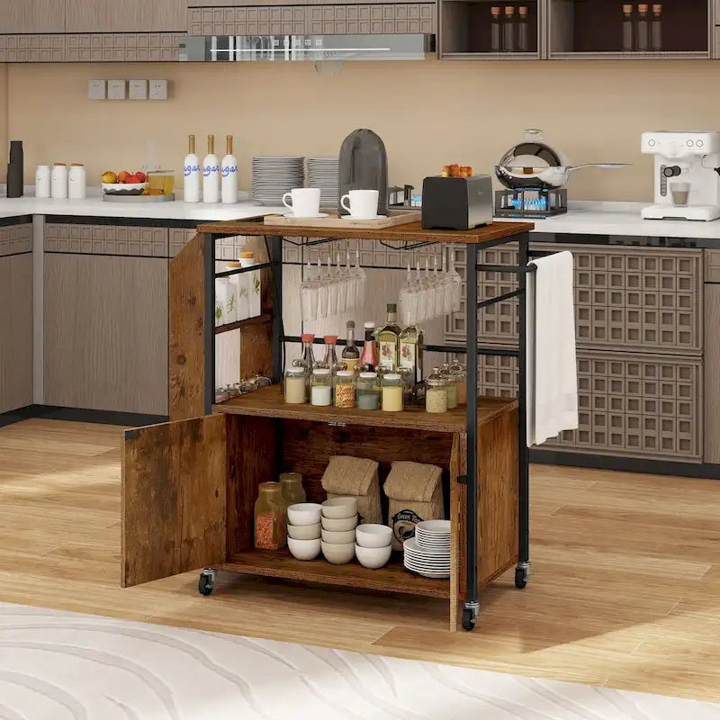 Rolling Portable Kitchen Island Cart With Power Outlet And Open Shelves