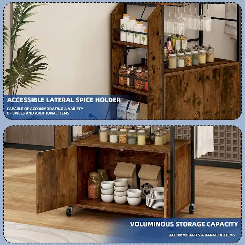 Rolling Portable Kitchen Island Cart With Power Outlet And Open Shelves